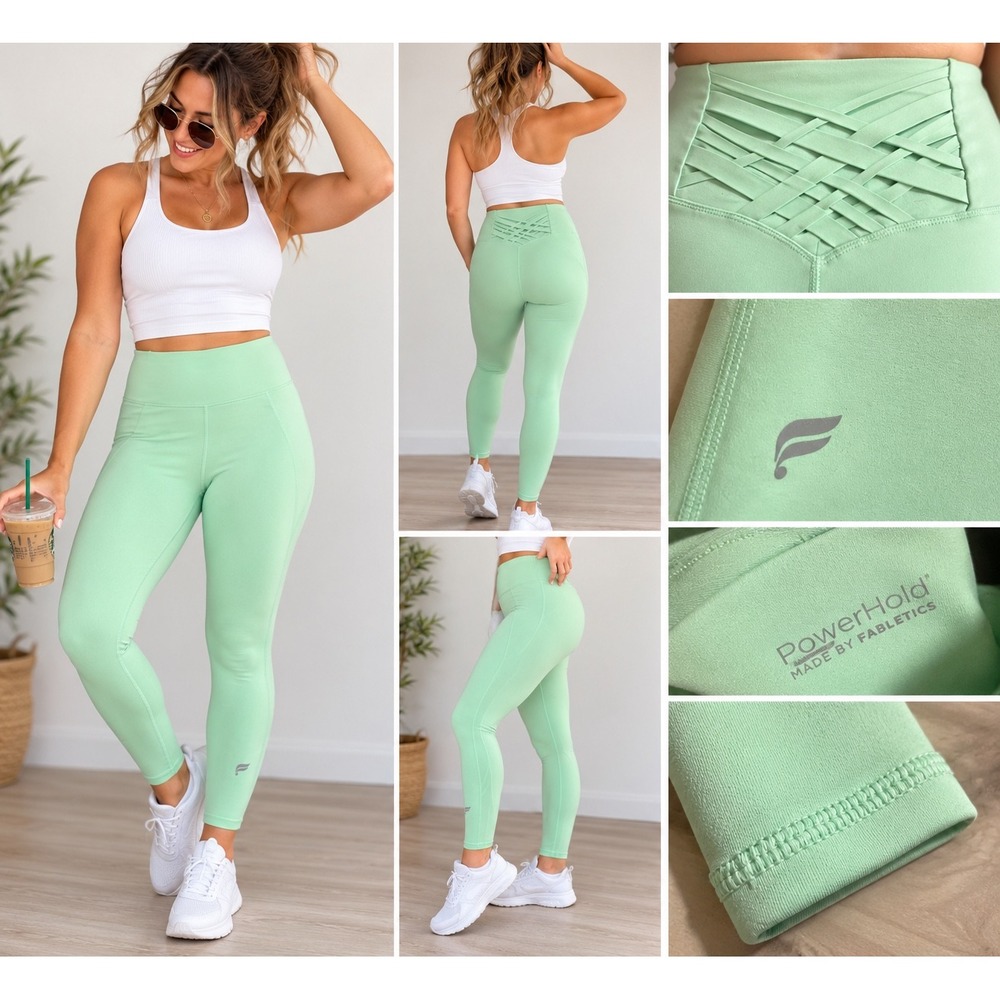 Fabletics PowerHold Mint Green High Waisted Strappy Back Leggings 7/8 Length